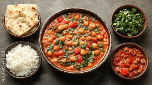 Vibrant vegetarian chickpea curry served with rice, naan, and fresh herbs on a textured background