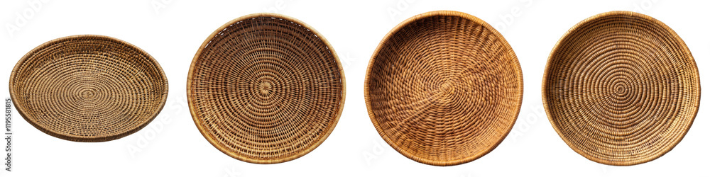 Fototapeta premium Natural rattan dish isolated on transparent background, Set of