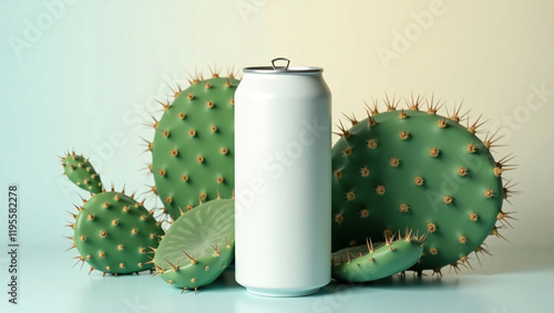 Minimalist mockup of white soda can and cactus, solid modern background, eco-friendly design concept.
