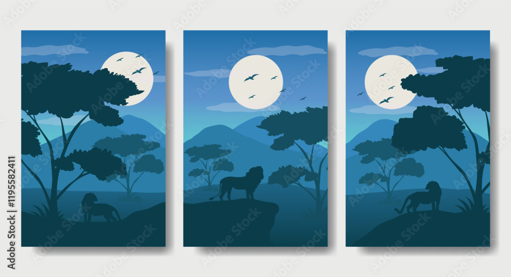 Fototapeta premium The Mighty Lion - Portrait Silhouette Design Set, Beautiful 2D Landscape Silhouette Wallpaper Set