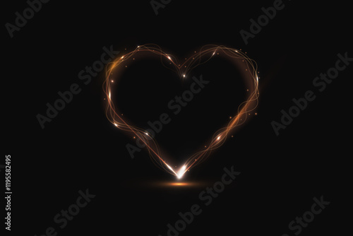 Heart gold with flashes isolated on transparent background. Light heart for holiday cards, banners, invitations. Heart-shaped neon wire glow.