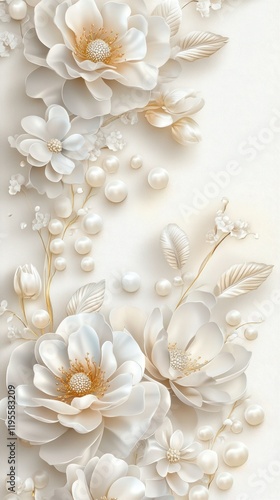 Elegant white floral arrangement with pearls, wedding invitation design