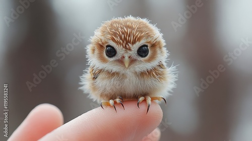 Tiny owl perched on finger, forest background, cute animal photo, ideal for children's books photo