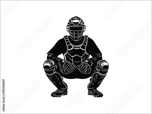 Baseball Catcher Silhouettes in Squatting Pose - Sports Clipart Design