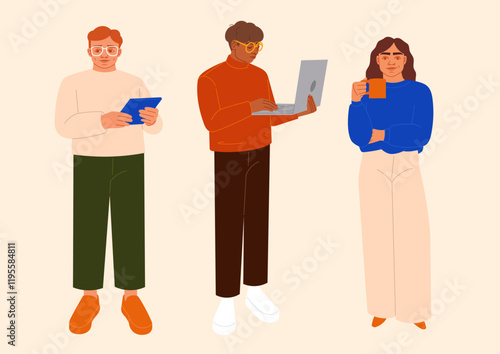 Scène de travail moderne avec ordinateur portable, tablette et tasse