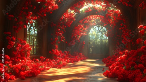 Red Roses Adorn A Sunlit Gothic Hallway photo