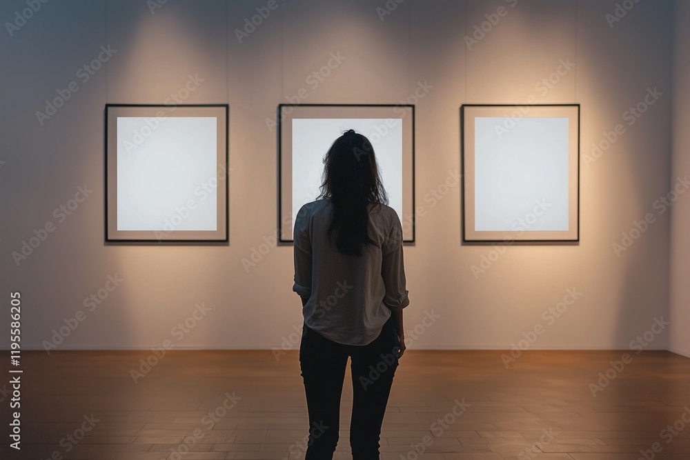 Fototapeta premium Woman in gallery looks at three blank frames, minimalist setting.