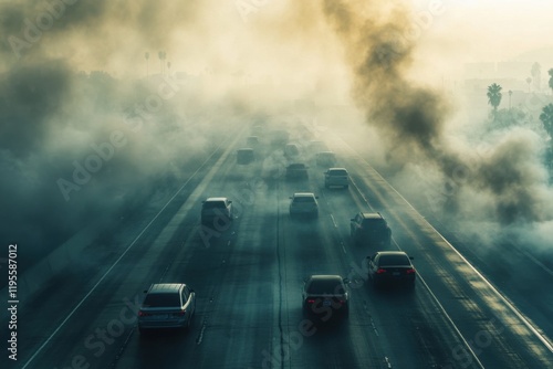 Dense smoke engulfing a highway filled with cars, creating hazardous visibility and an intense urban atmosphere photo