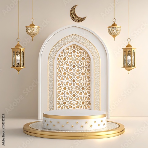 Islamic architecture, ornate white arch, golden crescent moon