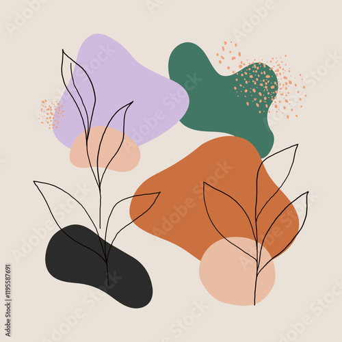 Vector illustration. Multicolored spots with purple, green and orange accents. The contrast and plant lines emphasize the abstractness of the composition.