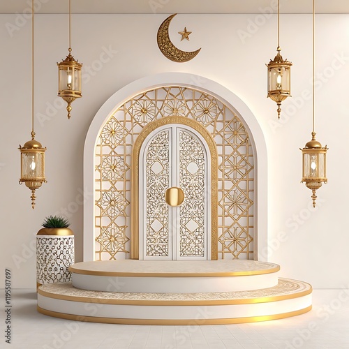 Islamic architecture, ornate white arch, golden crescent moon