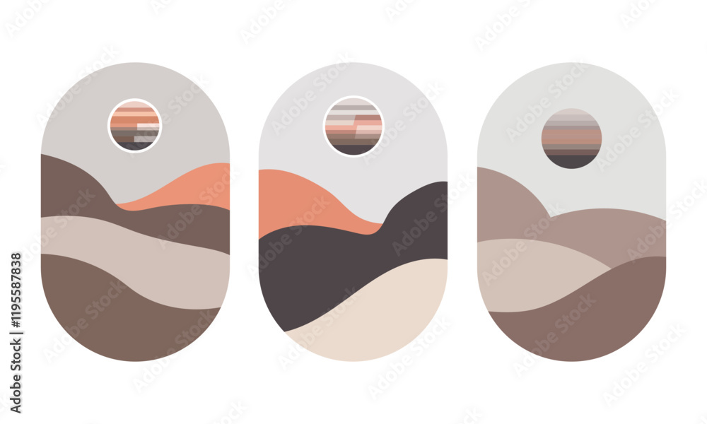 Vector illustration. A set of three vertical illustrations in pastel shades of brown, orange and gray. Abstract landscape with smooth lines and sun. Vector illustration. A set of three vertical illustrations in pastel shades of brown, orange and gray. Abstract landscape with smooth lines and sun.