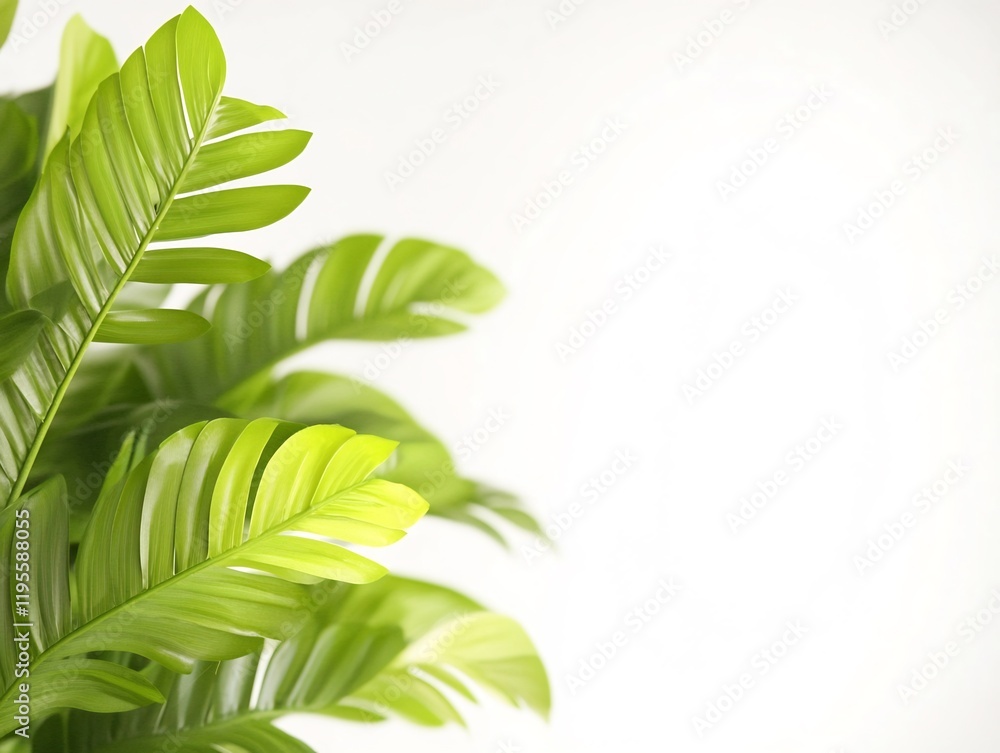 Fototapeta premium Lush green leaves gently curve against bright white background creating serene peaceful ambiance. AI Generated