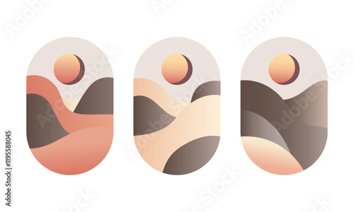 Vector illustration. Abstract wavy shapes with the image of the sun. Colors sand, brown, pink, beige.