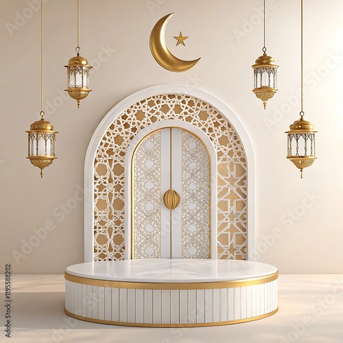 Islamic architecture, ornate white arch, golden crescent moon