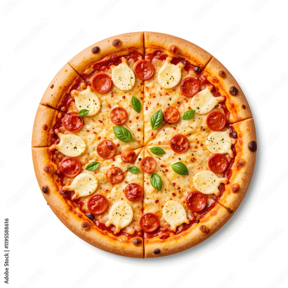 Cheesy Italian Pizza with Classic Toppings Isolated on White Background Cheesy Italian Pizza with Classic Toppings Isolated on White Background