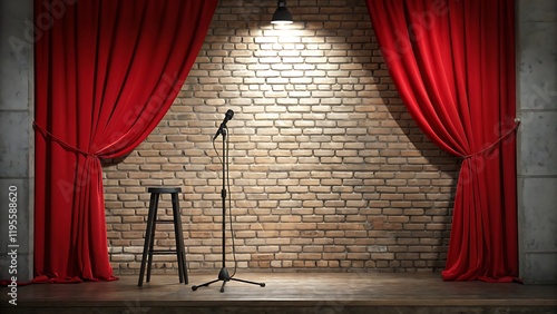 Wallpaper Mural A comedy stage with a brick wall backdrop, red curtains and a microphone stand in the center Torontodigital.ca