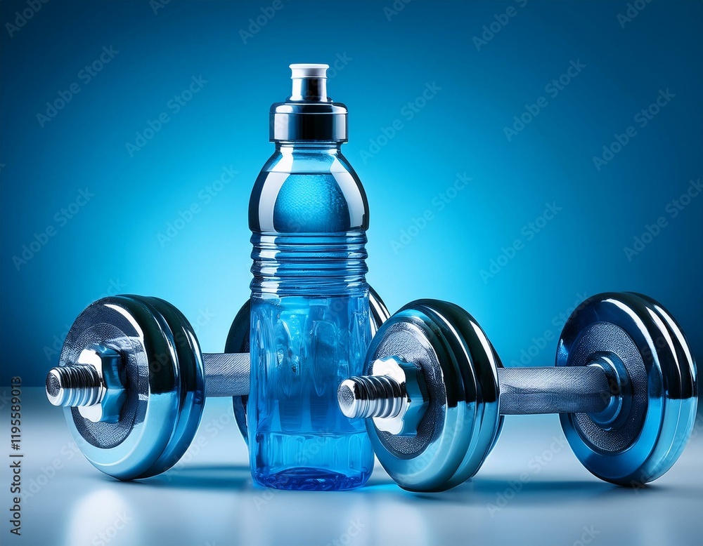 Obraz premium fitness dumbbells and water bottles against a gradient blue background