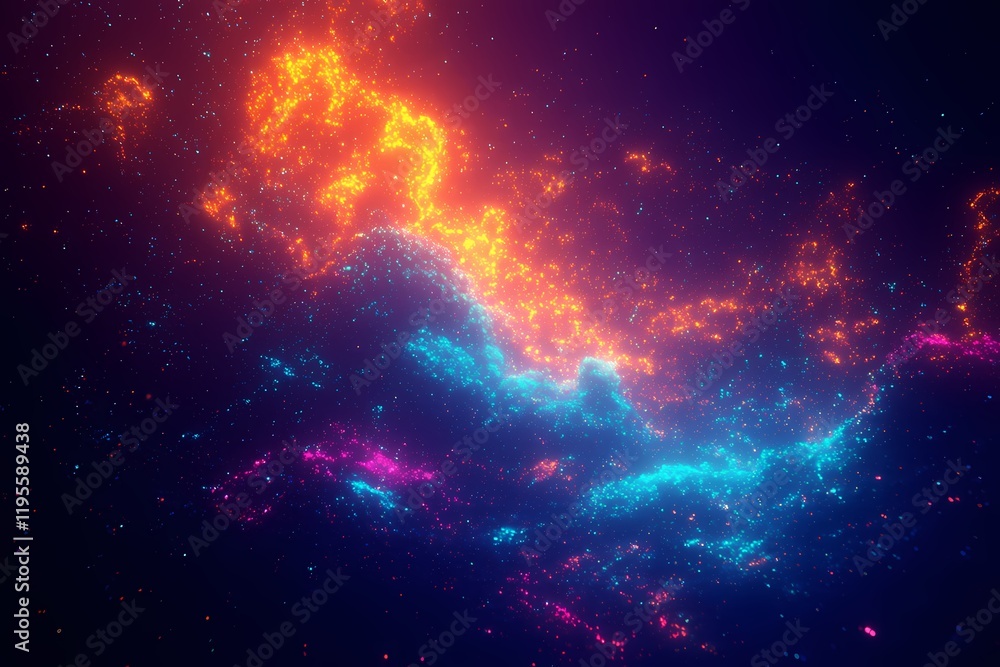 Virtual Reality Nebula. A cosmic nebula re-imagined for a virtual reality environment, with swirling neon gases in colors like electric cyan, vivid orange, and deep violet, interspersed with luminous Virtual Reality Nebula. A cosmic nebula re-imagined for a virtual reality environment, with swirling neon gases in colors like electric cyan, vivid orange, and deep violet, interspersed with luminous