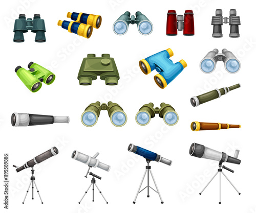 Spyglass, Telescope and Binoculars for Distant Object Observing Vector Set