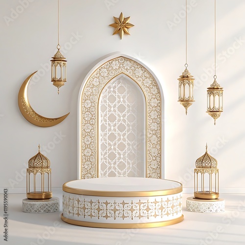 Islamic architecture, ornate white arch, golden crescent moon