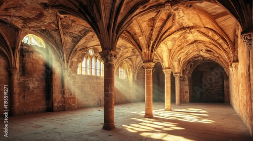 Sunlight illuminating ancient columns and arches in fontfroide abbey, france photo