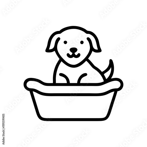 Line drawing of a happy dog sitting in a pet bed, looking cheerful and adorable
