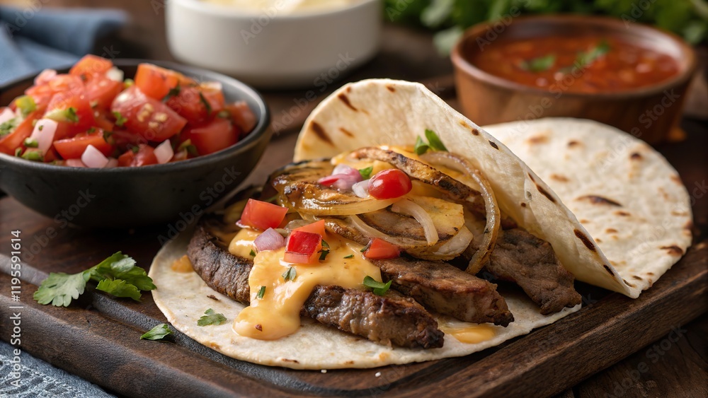 Close up of beef fajitas topped with melted cheese and grilled onions served with fresh salsa and tortillas Close up of beef fajitas topped with melted cheese and grilled onions served with fresh salsa and tortillas