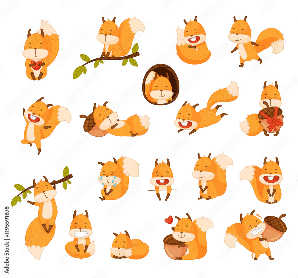 Obraz premium Funny Squirrel Animal Character with Bushy Tail Vector Set