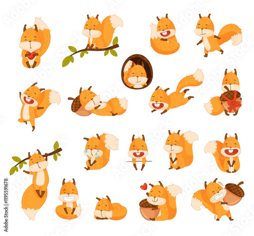 Funny Squirrel Animal Character with Bushy Tail Vector Set