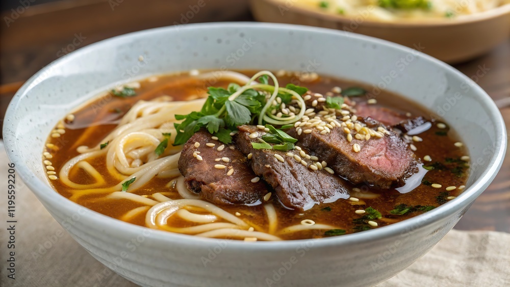 Savoring rich and aromatic beef noodle soup with glistening broth for a delightful meal experience Savoring rich and aromatic beef noodle soup with glistening broth for a delightful meal experience