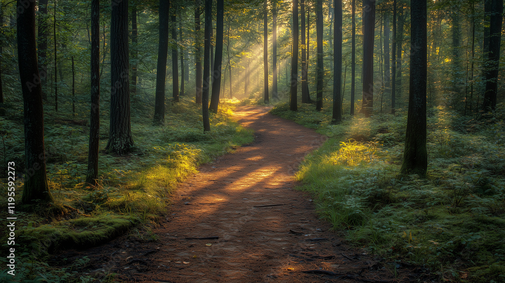 Fototapeta premium A serene forest scene with a path cleaned by volunteers, representing nature conservation. Bright lighting, contrast