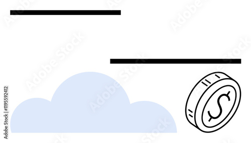 Blue cloud, two black horizontal lines, and dollar coin outline focusing on finance, savings, cloud computing, investment, technology, innovation and global economy. Abstract line flat metaphor