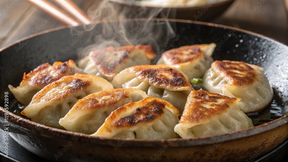 Golden brown beef potstickers sizzling in a skillet, ready to be served as a delicious appetizer Golden brown beef potstickers sizzling in a skillet, ready to be served as a delicious appetizer