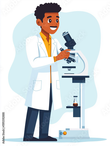 Happy scientist in a lab coat conducting experiments with a microscope - white backdrop