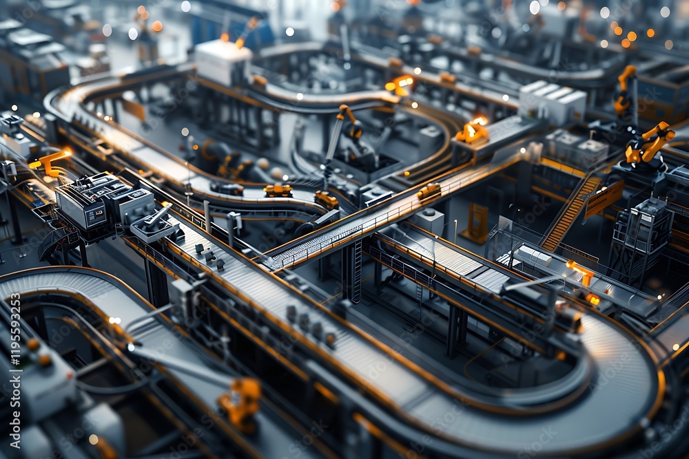 A detailed 3D rendering showcases an intricate network of automated conveyors, robots, and machinery within a futuristic factory setting. Complex systems highlight advanced manufacturing processes. A detailed 3D rendering showcases an intricate network of automated conveyors, robots, and machinery within a futuristic factory setting. Complex systems highlight advanced manufacturing processes.