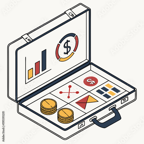 Vector of a briefcase with various financial icons inside