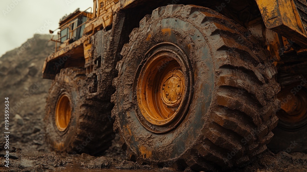 Mud-caked massive truck tires on a quarry. Mud-caked massive truck tires on a quarry.