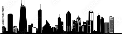 Black Vector City Skyline: Stylized silhouette of tall buildings in various shapes, perfect for urban-themed designs and backgrounds.