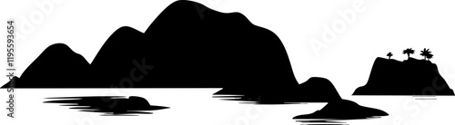 Minimalist Vector Illustration of Tranquil Mountains and Islets Reflected in Water, Ideal for Nature Themes