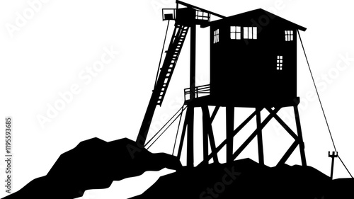 Stylized Black and White Vector Illustration of a Mining Structure with Silhouetted Details for Industrial Themes