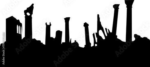 Vector Silhouette of Ancient Ruins: Distinctive columns and structures in black against a white background for historical designs.