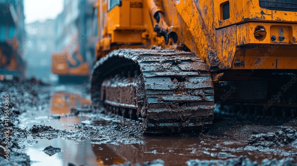 Mud-caked bulldozer track in a puddle. Mud-caked bulldozer track in a puddle.