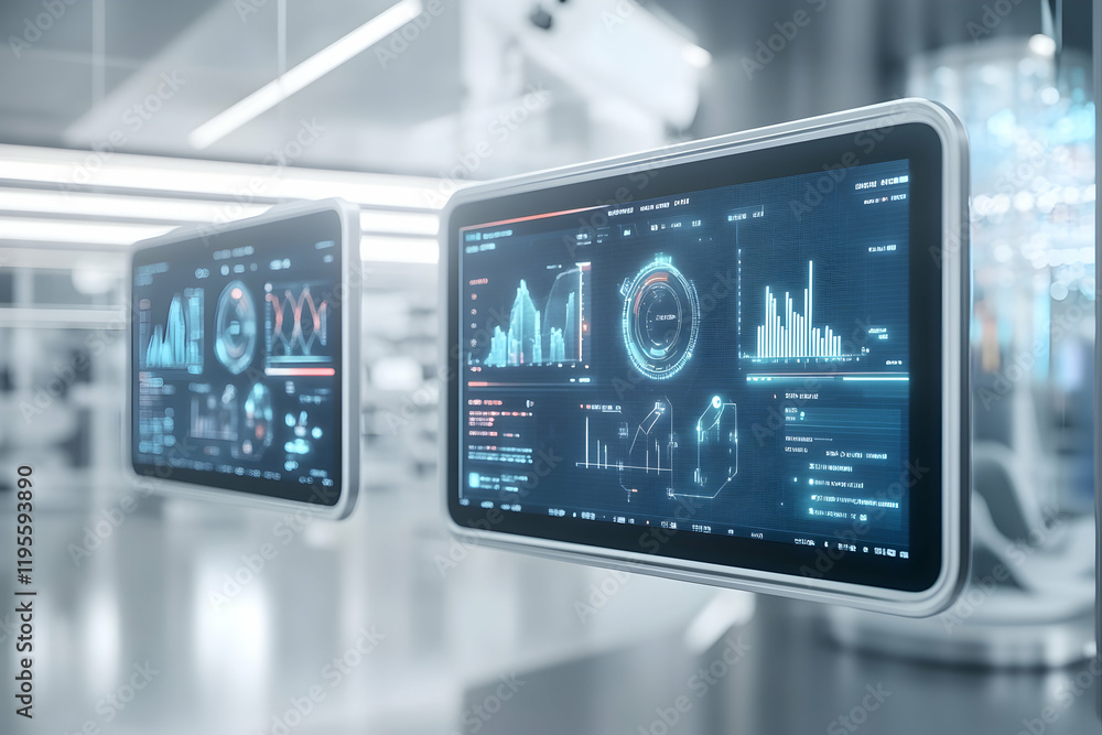 Tablets displaying holographic 3D charts in futuristic office Tablets displaying holographic 3D charts in futuristic office