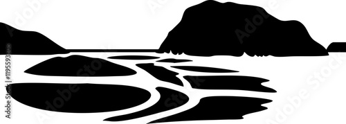 Minimalist vector illustration of a coastal landscape with a black silhouette of rocks and flowing water, ideal for serene designs.