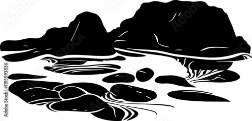 Stylized Vector Illustration: Black and White Rocky Seascape with Waves and Shoreline for Artistic Projects