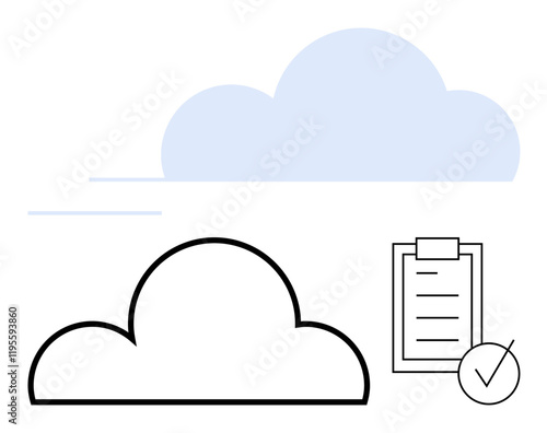 Minimalist design of a cloud and clipboard checklist with a checkmark. Ideal for cloud computing, data security, compliance, task management, digital organization, productivity tools, abstract line