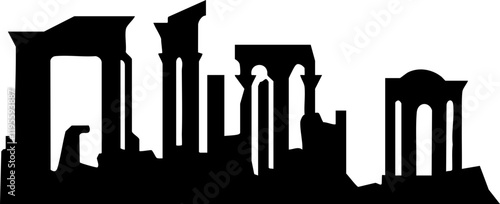 Vector illustration of ancient ruins silhouette in black, ideal for decorative backgrounds or historical themes.