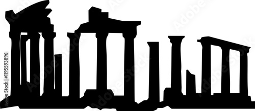 Silhouette Style Vector Illustration of Ancient Ruins with Dramatic, Dark Shapes Ideal for History and Travel Themes