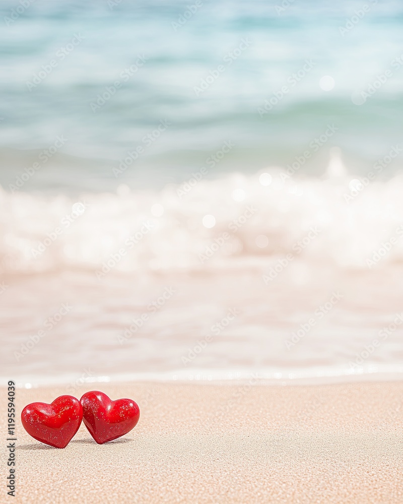 Romantic Red Heart Stones on Sandy Beach, minimalist love concept and symbolic heart design Romantic Red Heart Stones on Sandy Beach, minimalist love concept and symbolic heart design